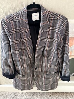 Nine West Black and Gray Glen Plaid Blazer with Brown Accents